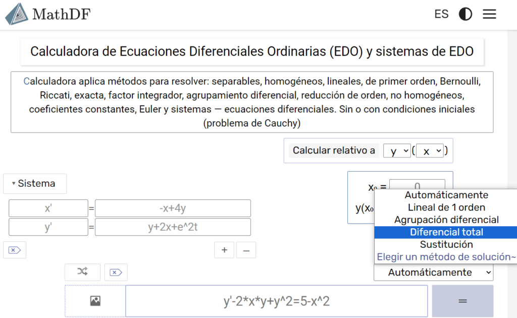 Ejemplo de calculadora de ecuaciones diferenciales de MathDF
